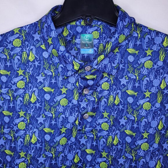 Pro Tour Golf Shirt Mens Large Blue Coral Print Ocean Starfish Seashell Coolplay - Picture 1 of 11